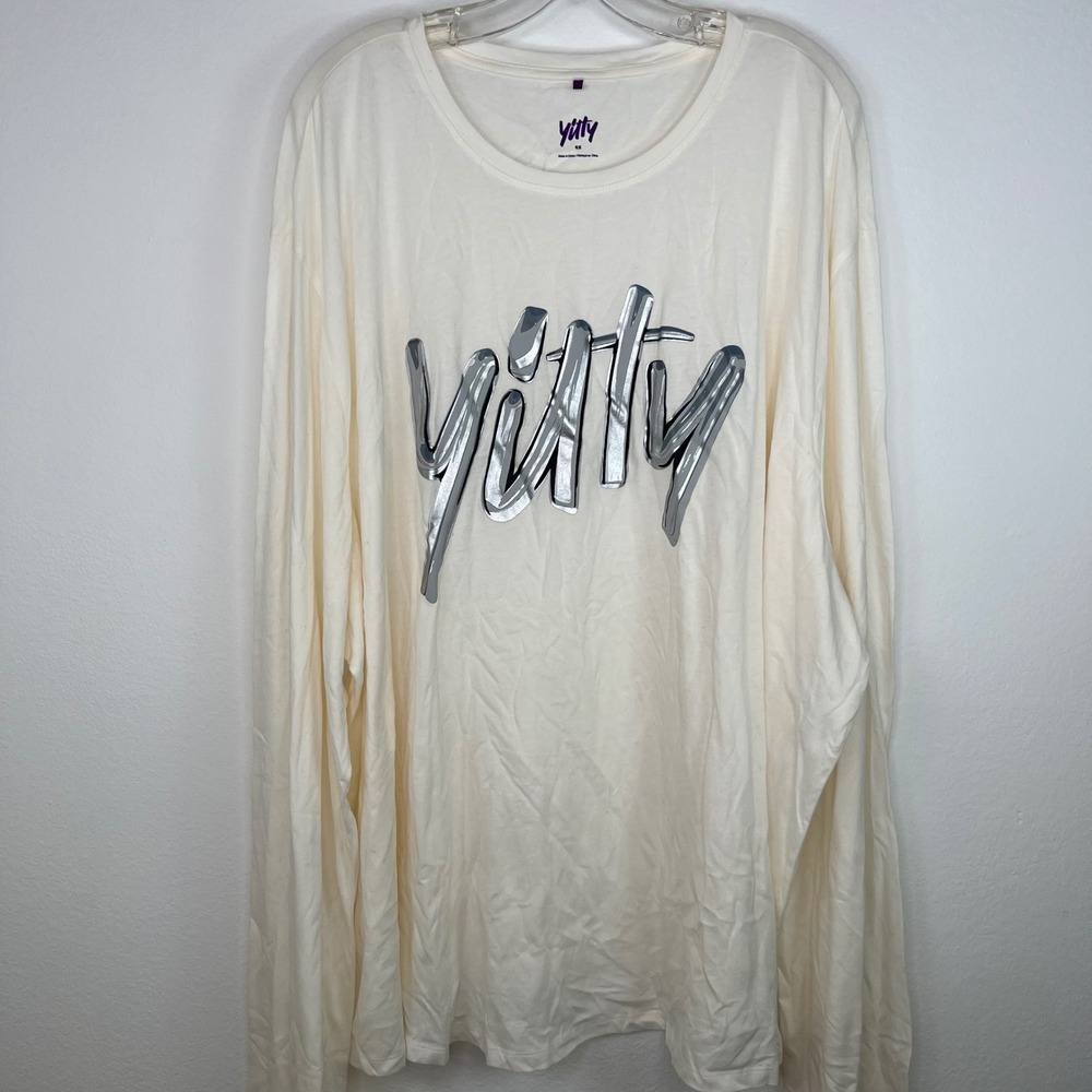 Yitty Fabletics Women's Top 6X New Cream Long Sleeve Graphic Shirt Silver Foil